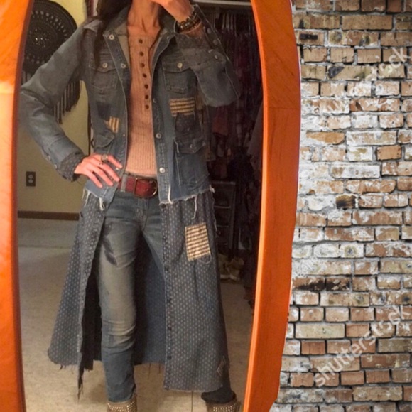 Upcycled patched fringed and frayed denim duster jean jacket - Picture 3 of 16